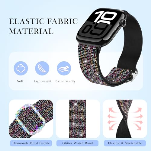 LETOID Stretchy Bands for Apple Watch Band Women Men Adjustable Solo Loop | Skin-Friendly Elastic Nylon Replacement Strap, iWatch Series 11 10 9 8 7 6 5 4 3 2 1 SE Ultra 49 46 45 44 42 41 40 38mm - color: 3-Pack: Iridescent Black / Black / Gold-Black, siz