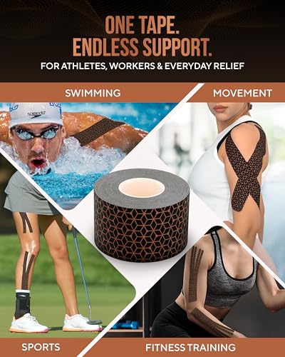 TheraCopper Copper Infused Kinesiology Tape – 2 Rolls (40 Precut Strips) – Advanced Waterproof Kinesiology Tape for Shoulder, Elbow, Bowling Wrist, Weightlifting, Muscle Strain & Joint Support (Black) - color: Black