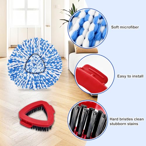 Spin Mop Handle Mop Heads and Base Replacement Sets Compatible with O Cedar EasyWring Rinseclean 2 Tank System, Flexible & Reusable(1 Sets Stainless Steel Handle & 2 Refills & 1 Base & 1 Scrub Brush) - color: 1 Sets Stainless Steel Mop Handle + 2 Blue Hea