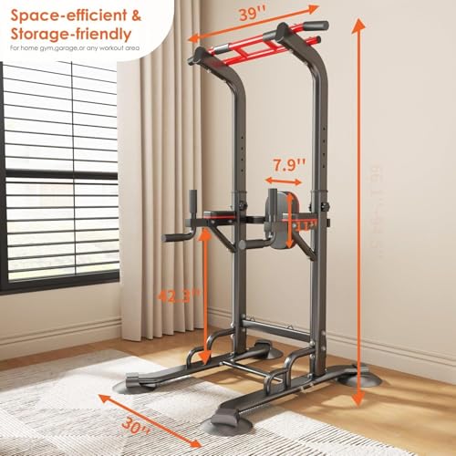 SogesPower 94.5"H Power Tower Pull Up Bar Station, 12 Adjustable Height Dip Station Dip Bar Strength Training Fitness Equipment, Black