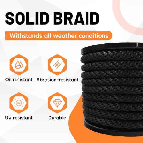 SDHUATUO 1/2 Inch Nylon Solid Braided Rope, 100FT Polyester Cord, Black | 2860 lbs, UV Resistant & Wearproof, Soft Flexible Rope for Swings, Camping Tent, Flagpole, Marine and Outdoor Twine, Boating - color: Black, size: 1/2''-100ft
