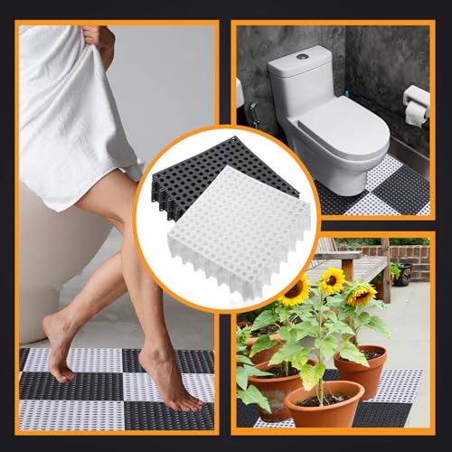 Tinideya 50 Pcs Drainage Interlocking Floor Tiles, 12'' x 12'' Soft TPE Non Slip Shower Floor Tiles for Pool Bathroom Shower Balcony Patio Locker Room Basement Stairs(Dark Gray and White) - color: Dark Gray and White