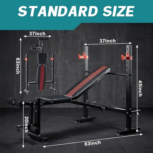 OLIXIS Adjustable Weight Bench Set with Rack, 650 LBS Capacity Heavy Duty Foldable Bench Press Set with Leg Extension Curl, Easy Assembly Strength Training Workout Set for Garage, Home, Gym - color: Black&Red