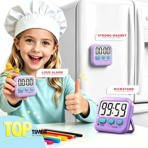 Antonki 2 Pack Digital Timer for Kids, Magnetic Countdown Kitchen Timers for Cooking, Egg, Classroom, Teacher, Exercise, Study, Oven - Battery Included - color: Fresh Purple