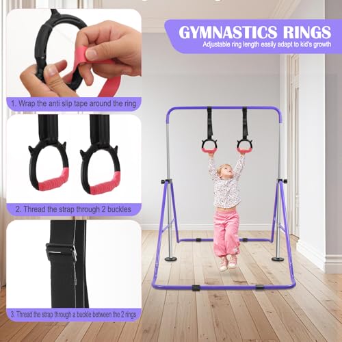 YEEGO DIRECT Gymnastics Bar for Girls Boys (A-G-E-S 3-10) with Rings, Folding Gymnastics Bars Horizontal Bar, Expandable for Home Training Gifts for Girls Boys - color: Purple