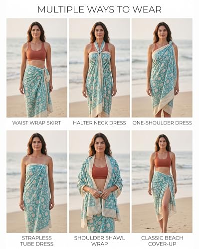Beach Cover Ups for Women, Cotton Sarong Wrap Pareo | 100% Cotton Sarong Wraps For Women, 73 x 44 In. Pareo Beach Wrap, Bikini Cover Up, Bathing Suit Cover Up, Resort Wear - color: Sacred Turquoise