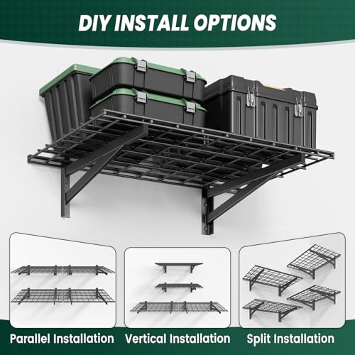 4 Pack 2x3ft Garage Wall Shelves, 24x72 inch Heavy Duty Garage Shelving Wall Mounted Garage Storage Rack, 1400lbs Load Capacity Floating Metal Shelf, Black - size: 4 pack-2x3ft
