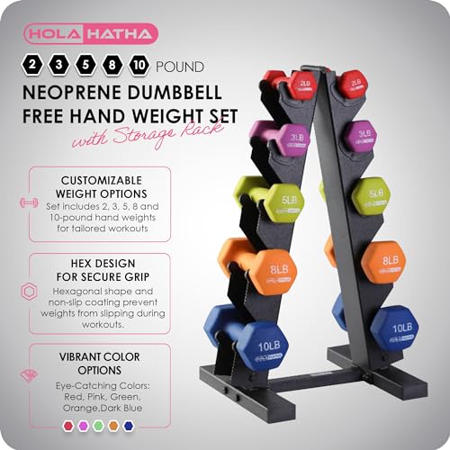 HolaHatha 1, 2 and 3 lb Neoprene Dumbbell Strength Training Weight Set with Rack - color: Multicolor, size: 56 LB