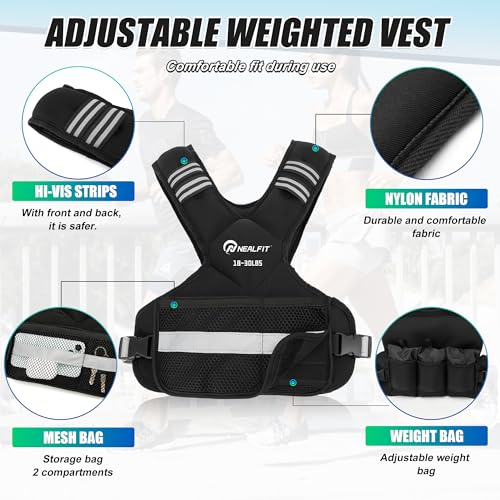 NEALFIT Weighted Vest for Women and Men, 5-10lb/11-20lb/18-30lb Adjustable Weighted Vest with Reflective Strip, Body Weight Vest for Walking, Running, Fitness, Strength Training - size: 18-30 lbs