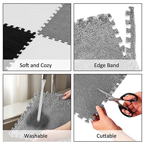 Amylove 72 Pieces Plush Foam Floor Mat Square Interlocking Carpet Tiles with Border 12 x 12 x 0.4 in Fluffy Play Mat Floor Tiles Soft Climbing Area Rugs for Home Playroom(White, Gray, Black) - color: White, Gray, Black