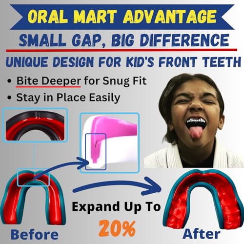Oral Mart Youth Sports Mouth Guard for Kids (USA Flag, Fangs, 20+ Colors to Choose from) Mouthguard for Football, MMA, Karate, Boxing, Rugby, BJJ, Flag Football – /w Case (Youth, Strapless) - color: Aqua/Red