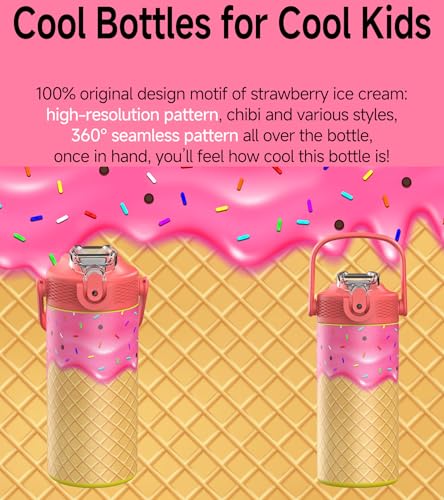MYFOREST 14oz/400ml Insulated Kids Water Bottle, Odor-free Liner, 3D Touch | No Plastic Taste, Surgical Steel - No Chemical Leaching, Name Spot, Soft Sipper, Gift for Sweet Tooth, Strawberry Ice Cream - color: Strawberry Ice Cream
