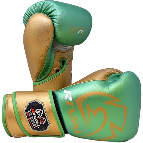 RIVAL Boxing RB100 Professional Bag Gloves, 6mm of D30 Padding, Handcrafted Microfiber, Innovative Wrist Lock 3 System - color: Green/Gold, size: Medium
