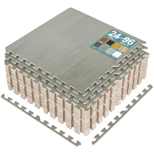 Sorbus 96 Sq. Ft. Wood Grain Floor Tiles Foam Mat EVA Interlocking Mats Tile 3/8-Inch Thick Flooring Wood Puzzle Exercise Mats w/Borders - Home Playroom Basement, Apartment, Trade Show, Baby, Dance - color: Grey, size: 24 Pack
