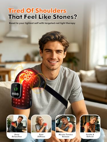 Red Light Therapy for Shoulder - 5000mAh Cordless Heating Pad with Massage, 240 Beads 660nm 850nm Infrared Wrap for Muscle Tension, Post-Workout Recovery, Gifts for Men Women, Fits Left & Right - color: Jet Black