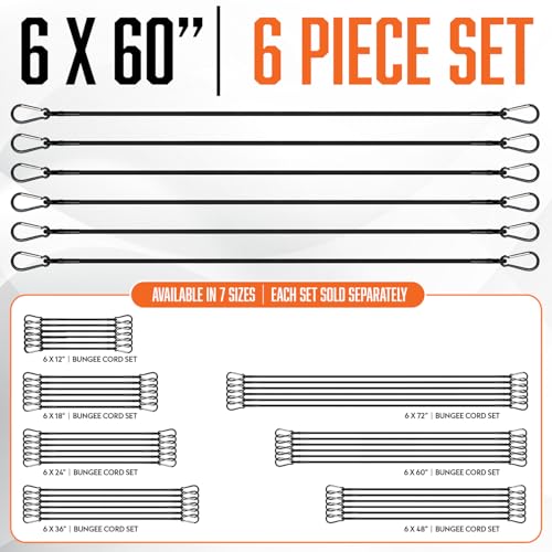 Black Bungee Cords Heavy Duty Outdoor - 6 Pieces Set of Long Bungee Cords with Hooks 60 Inch - size: Black 60” (6 Piece)
