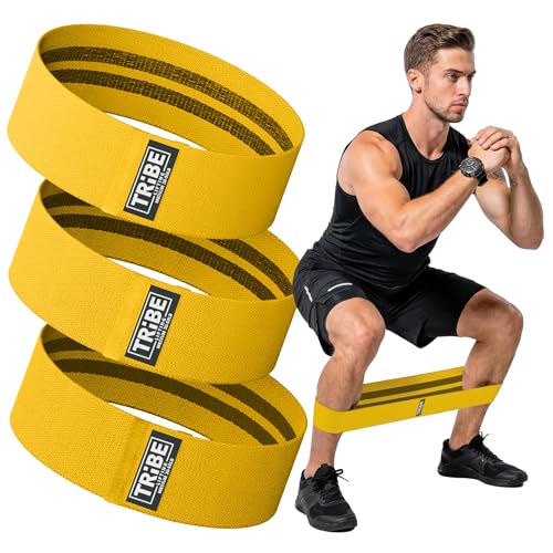 Tribe Lifting Resistance Bands for Working Out - 3 Pack Fabric Workout Bands for Women and Men - Booty Bands for Legs and Glute - Non Slip Exercise Bands Set for Squat Hip Thigh - color: Medium Yellow