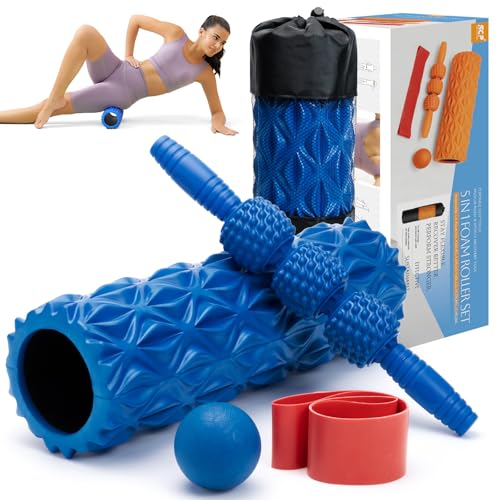 5 in1 Foam Roller Set, Trigger Point Foam Roller, Massage Roller Stick, Massage Ball, Resistance Band for Deep Muscle Massage Pilates Yoga,Fitness Exercise for Whole Body (Pure Blue) - color: Pure Blue