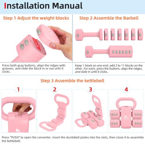 Abahub 2 in 1 Kettlebell & Dumbbell Set for Home Gym, Adjustable Weights Dumbbell Set with Kettlebell Grip Converter, Full Body Workout Kettlebell Set of 2 for Men Women - color: Pink