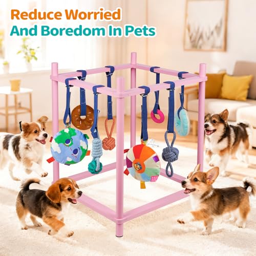 Wooden Puppy Play Gym for Small Dogs, Puppy Jungle Gym with 8 Hanging Toys, Wood Frame Indoor Puppy Gym with Dog Enrichment Toys for Puppies and Small Pets (Pink) - color: Pink