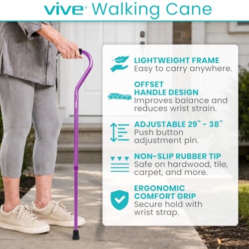 Vive Walking Cane for Women, Men, Elderly - Patented Offset Grip - Lightweight Adjustable Walking Aid with a Non-Slip Tip - Sturdy Balancing Mobility Aid for Seniors - color: Purple