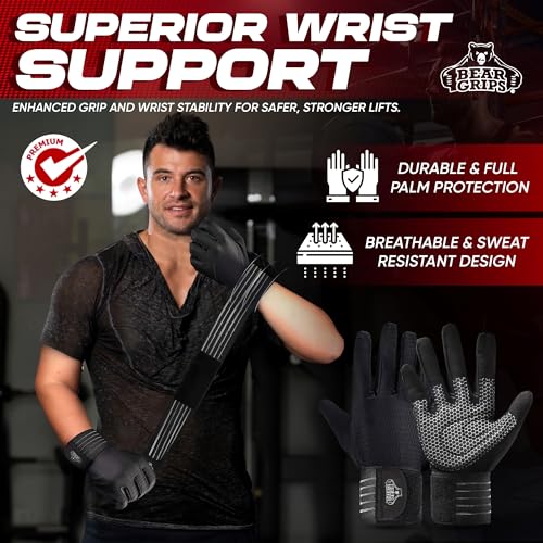 Bear Grips Weight Lifting Gloves for Men & Women | Half Finger Lifting Gloves | Full Finger Workout Gloves for Men | No Finger Exercise Gloves l Compression Weightlifting Gloves | Gym Gloves for Men - color: Armor Black-Full Finger, size: X-Large