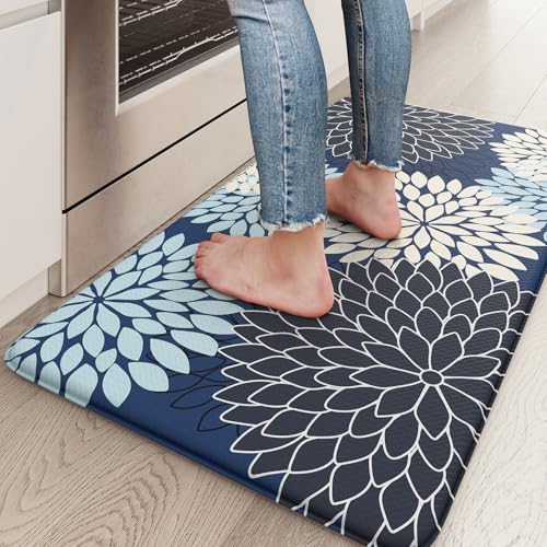 KIMODE Anti Fatigue Kitchen Mat 17.3"x29", Padded Dahlia Kitchen Floor Mats Non Slip, Waterproof Kitchen Mat for Floor, Farmhouse Comfort Standing Mat for Laundry, Office, Sink, Desk Mutil-Blue - color: Multi-blue, size: 29"L x 17.3"W x 0.5"Th