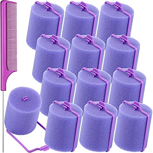 Syhood 12 Pcs Jumbo Foam Sponge Hair Rollers 1.89 Inch Soft Sleeping Curlers Flexible Large Foam Rollers and Rat Tail Comb for Hair Styling(Purple) - color: Purple