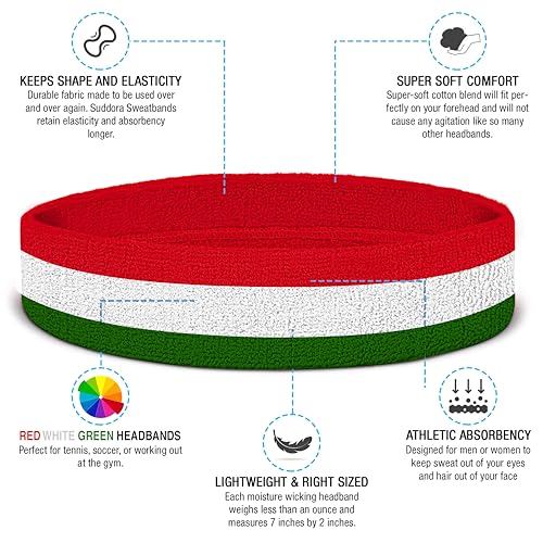 Suddora Striped Sweatband Set, Moisture Wicking 2 Wristbands and 1 Headband, Breathable Athletic Sweat Bands for Sports, Costumes & Cosplay, Matching Bands to Wear with Jersey - color: Red White Green