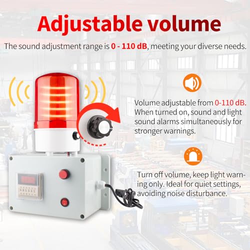 Cycle Timer Alarm with Flashing Light - 0-110dB Adjustable Siren, Automatic Repeat Timing for Industrial Safety, Facility Reminders, Workshops, Gyms, Kitchens, Laboratories (AC110V)