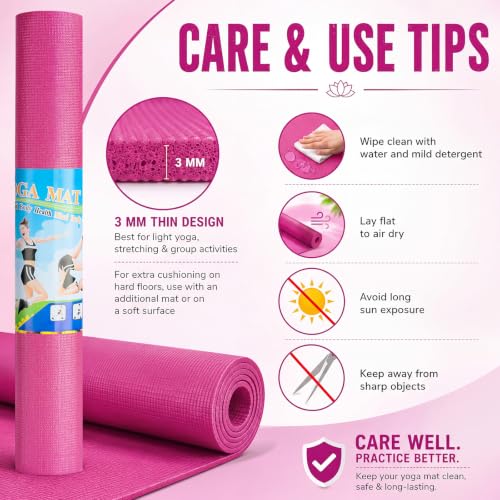 Funtery 3 mm Thin Yoga Mats Bulk, 68 x 24 Inches Lightweight PVC Exercise Mats Non Slip Workout Fitness Pads for Yoga Pilates Stretching Classes Gym Home Studio - color: Rose Red