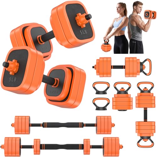 Rendpas Adjustable Dumbbell Set of 2 with Connector, 45/65/85 lbs Free Weights, 4-in-1 Barbell Kettlebell Push Up Stand Home Gym for Men Women - color: 65LB-orange