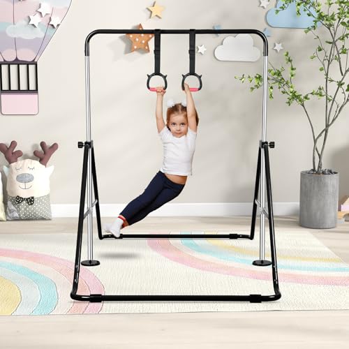 Expandable Gymnastics Bars with Ring, Adjustable Height Gymnastic Horizontal Bars, Gym Junior Training Bar Children Folding Training Monkey Bars for Kids - color: Black