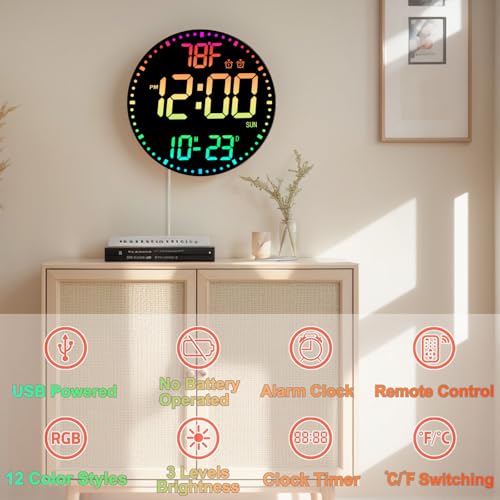 QINFIEY Large 12" RGB Color Changing Digital Wall Clock with Remote Control | LED Display Plug-in Clock with 3 Brightness Levels & Temperature Display | Perfect for Home, Gym, Classroom, Office - color: Rgb, size: 12 Inch