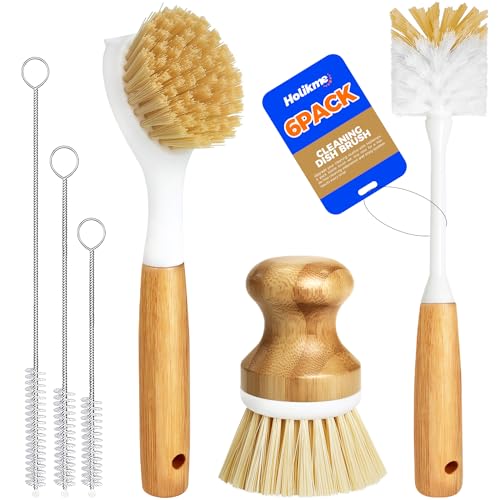 Holikme 6 Pack Dish Brush Scouring Pad Set with Bottle Brush, Dish Brush, Palm Scrub Brush and Straw Brush, Dish Scrubber Long Handle for Dish Bottle Cup Pot Pan Iron Abrasive Cup Brushes, Yellow - color: Yellow