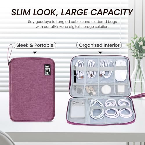 Large Slim Cable Organizer Travel Case, Single-Layer Electronic Accessories Pouch for Chargers, Cords, Power Bank, Mouse and SD Cards, 12.6 x 9.45 x 1.57 Inches - color: purple, size: L