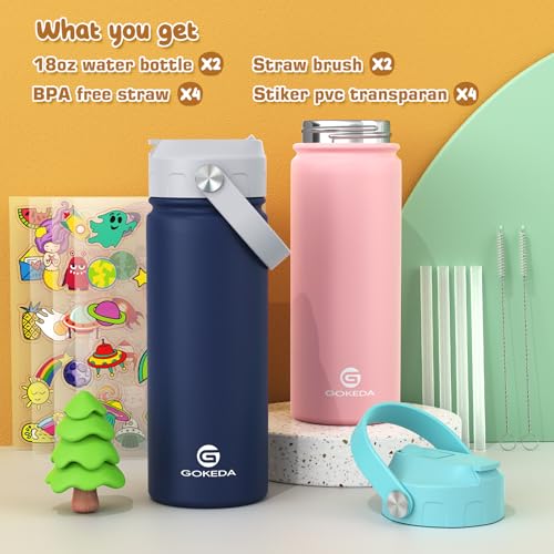 GoKEDA 18oz Kids Water Bottle, 2 Pack Insulated Bottles with Stickers, 18/8 Stainless Steel Vacuum Leak Proof Straw Cup for School, Gifts for Boys(Dark Blue, Pink) - color: Sapphire Blue+Pink