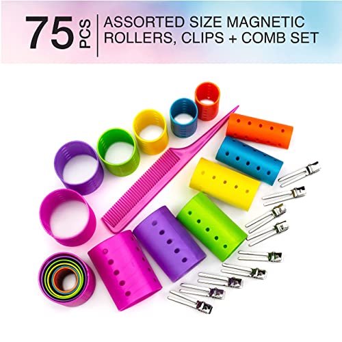 Conair Magnetic Hair Rollers, Curlers in Assorted Sizes and Colors, Rollers Curler Set with Comb Clips Included, 75-Piece - color: Rainbow