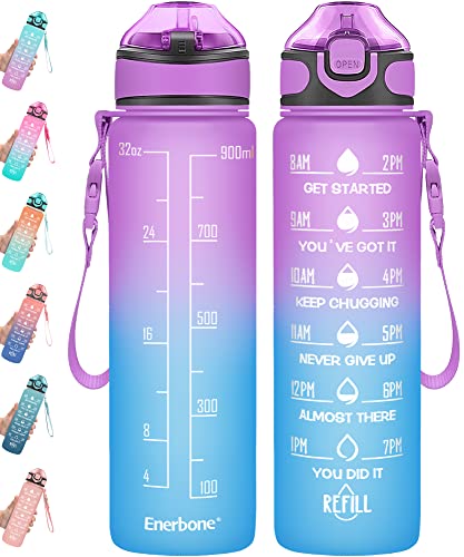 Enerbone 32 oz Drinking Water Bottle with Times to Drink and Straw, Motivational with Carrying Strap, Leakproof BPA & Toxic Free, Ensure You Drink Enough Water for Fitness Gym Outdoor - color: Purple Blue