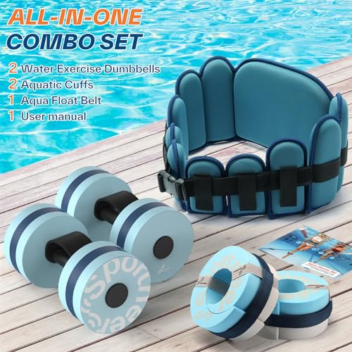 Sportneer Aquatic Exercise Equipment Water Aerobics Combo Set Includes High Density Water Weights Dumbbell Aqua Belt Water Ankle Weights for Pool Exercise Aquatic Therapy Pool Fitness Water Exercise - color: Aqua Blue, style: Aqua Exercise Set with Foam C