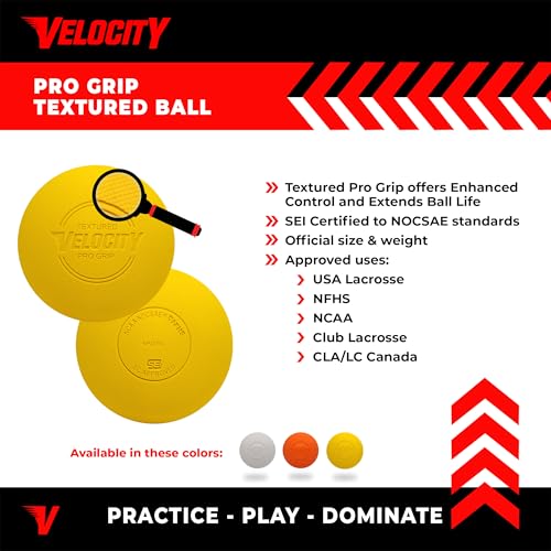 Velocity Pro Grip Lacrosse Balls - 6, 12, 18, 60 and 120 Packs - Certified for Youth, Club, High School, CLA, and College Game Play - color: Yellow, size: 6 Balls