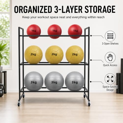 3 Tier Medicine Ball Rack with Wheels, Rolling Weight Ball Storage Stand for Home Gym with 20 lbs Capacity Per Shelf, Heavy Duty Fitness Holder for Slam Balls Wall Balls Exercise Balls, Indoor/Outdoor
