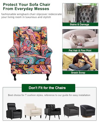 CRFATOP 2 Piece Stretch Wingback Chair Cover Printed Wing Chair Slipcovers Spandex Fabric Wingback Armchair Covers with Elastic Bottom for Living Room Bedroom Wingback Chair,C13 - color: Color C13