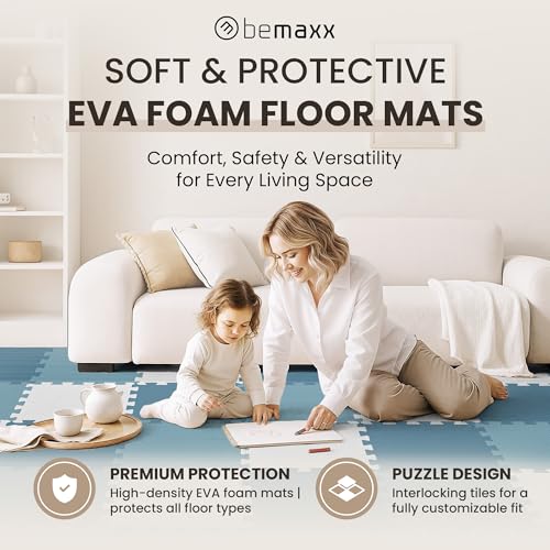 bemaxx Gym Mats Set - 18 pcs EVA Interlocking Foam Floor Tiles (12.6"x12.6"x0.4") 18sqft Protective Gym Flooring Sports Home Workout Exercise Mats Puzzle Garage Fitness Play-Room Pool Treadmill Bike - color: Cool Blue Trio, size: 18 Tiles | 18 sq ft