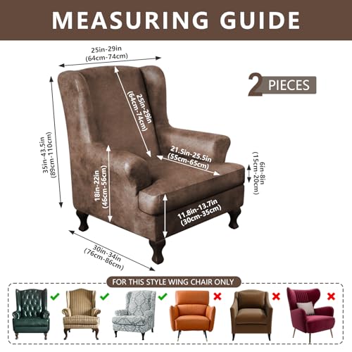ANARACHON Leather Look Wingback Chair Covers, 2-Piece Wing Chair slipcover,Stretch Wing Back Armchair Slipcovers with Elastic Bottom, Soft Spandex Furniture Protector for Living Room (Light Brown #2) - color: Light Brown #2