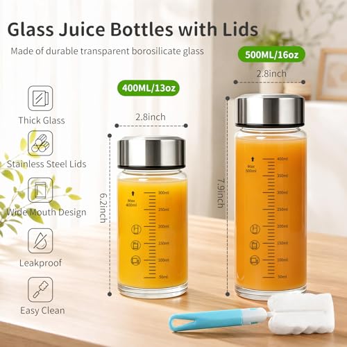12oz Glass Juice Bottles, 4 Pack | Leakproof stainless steel lids, BPA-free heat resistant glass jars, perfect for juice, smoothies, milk and protein beverages