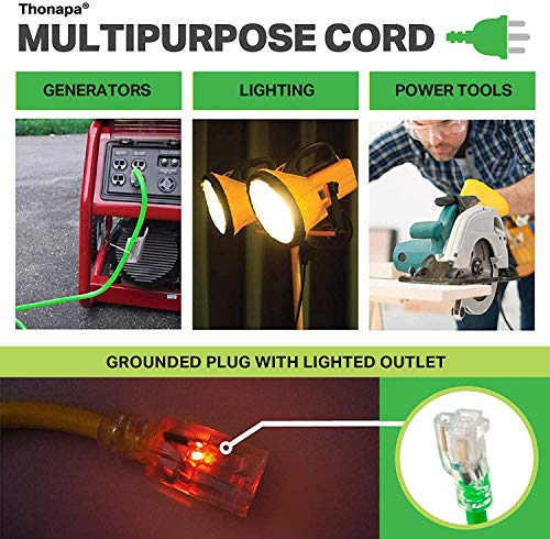 Thonapa 12 Gauge Extension Cord 10 Ft Outdoor - 12/3 Heavy Duty, 3 Prong | SJTW Neon Green Cable, Lighted End, Grounded Plug, For Job Sites, Garden & Major Appliances - color: Neon Green, size: 10 Foot