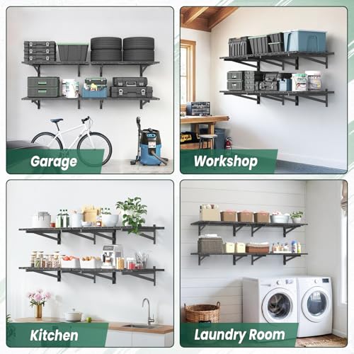 4 Pack 2x3ft Garage Wall Shelves, 24x72 inch Heavy Duty Garage Shelving Wall Mounted Garage Storage Rack, 1400lbs Load Capacity Floating Metal Shelf, Black - size: 4 pack-2x3ft