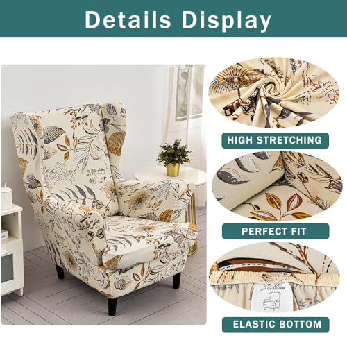 NILUOH Wingback Chair Slipcover 2 Pieces, Stretch Spandex Wingback Chair Covers Washable Slipcover for Wingback Armchairs Non-Slip Furniture Protector with Elastic Bottom for Living Room - color: 252
