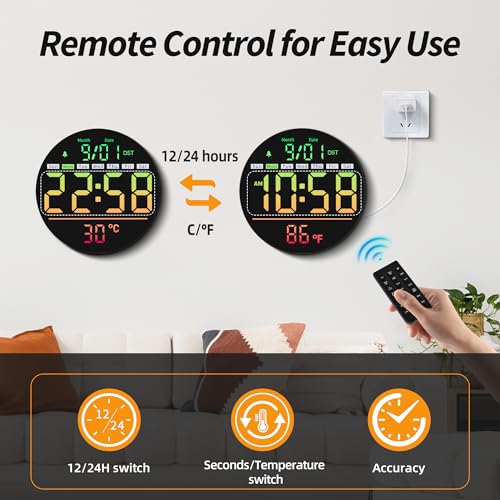 Maxstar Led Digital Wall Clock with Timer, Seconds, Temperature, Date, DST, Nightlight, RGB Color, Alarm Clock, 5-Level Display Brightness, Digital Clock Timer for Classroom, Bedroom, Garage, Gym - color: Multicolor